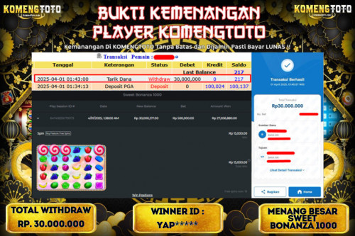 LAGI & LAGI!! KEMENANGAN BESAR DI SLOT SWEET BONANZA 1000 SEBESAR Rp.30.000.000 KOMENGTOTO BAYAR LUNAS SECEPAT KILAT !! KOMENGTOTO BAYAR SECEPAT KILAT !!