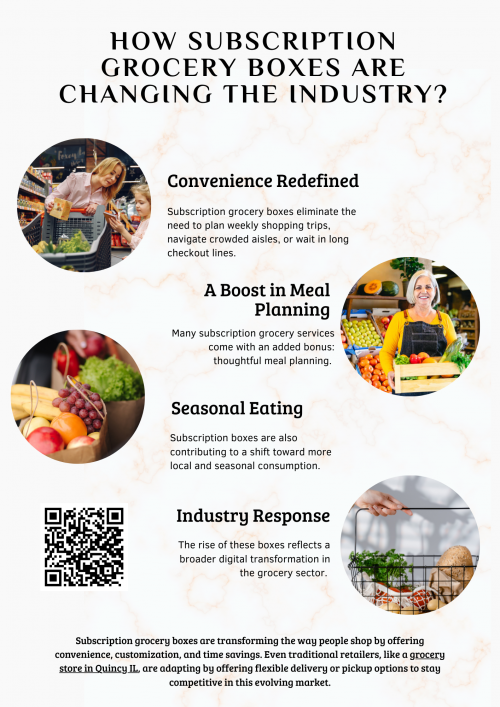 Subscription grocery boxes are transforming the way people shop by offering convenience, customization, and time savings. These services reduce the need for frequent trips to the grocery store, helping busy individuals and families plan meals efficiently. Even traditional retailers, like a grocery store in Quincy IL, are adapting by offering flexible delivery or pickup options to stay competitive in this evolving market. To know more visit here https://www.niemanns.com/stores/quincy-illinois-62301-473/