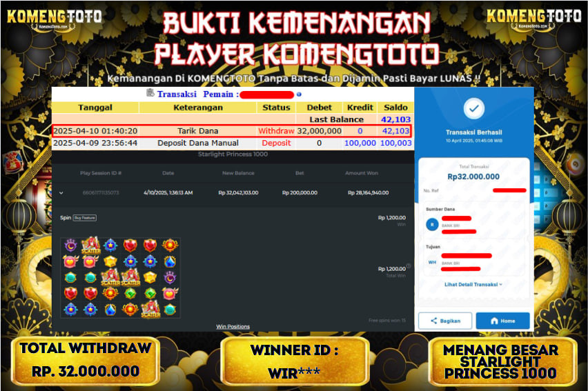 LAGI & LAGI!! KEMENANGAN BESAR DI SLOT STARLIGHT PRINCES 1000  SEBESAR Rp.32.000.000 KOMENGTOTO BAYAR LUNAS SECEPAT KILAT !! KOMENGTOTO BAYAR SECEPAT KILAT !!