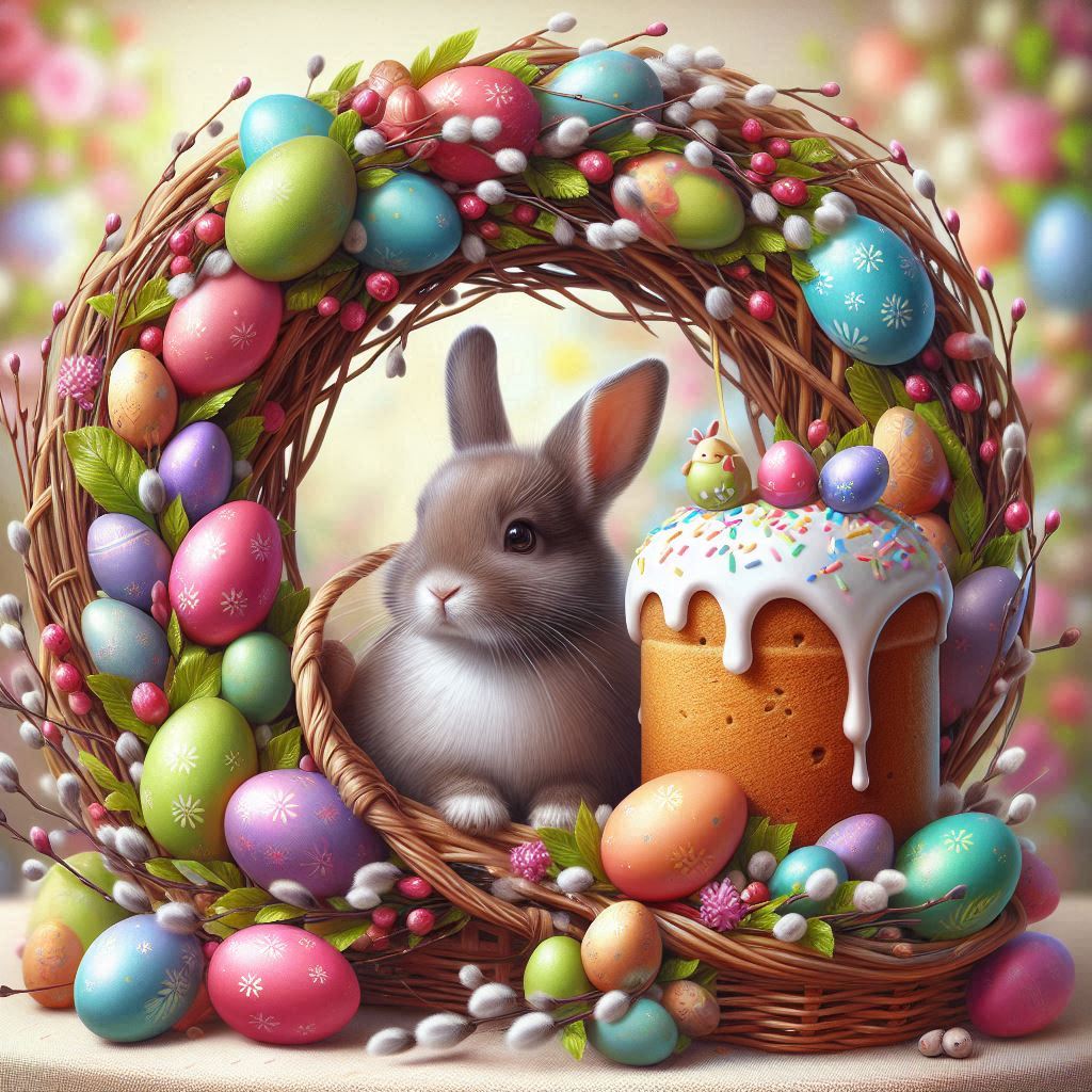 High quality illustrations, Beautiful Easter wreath made of willow twigs, decorated Easter eggs, cut