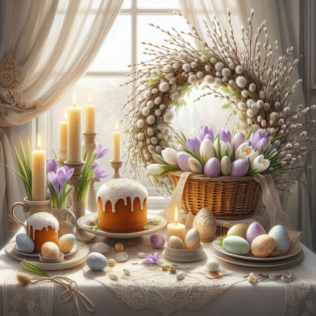 High quality illustrations,in front of the window, on a table covered with a beautiful napkin with d