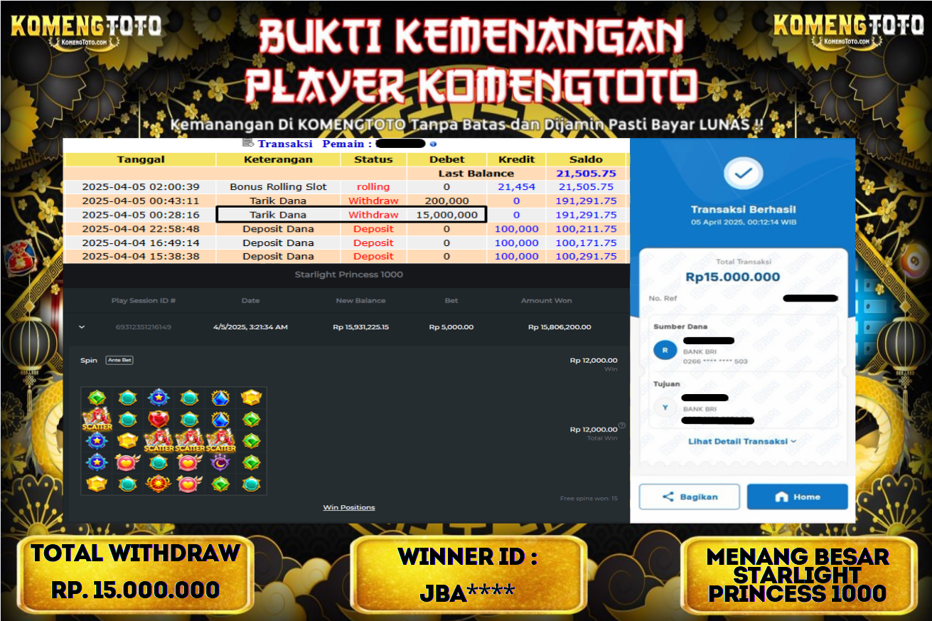 LAGI & LAGI!! KEMENANGAN BESAR DI SLOT  STARLIGHT PRINCES 1000 SEBESAR Rp.15.000.000 KOMENGTOTO BAYAR LUNAS SECEPAT KILAT !! KOMENGTOTO BAYAR SECEPAT KILAT !!