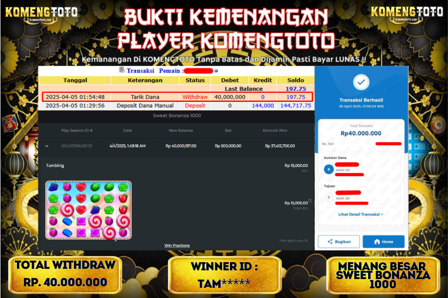 LAGI & LAGI!! KEMENANGAN BESAR DI SLOT SWEET BONANZA 1000  SEBESAR Rp.40.000.000 KOMENGTOTO BAYAR LUNAS SECEPAT KILAT !! KOMENGTOTO BAYAR SECEPAT KILAT !!