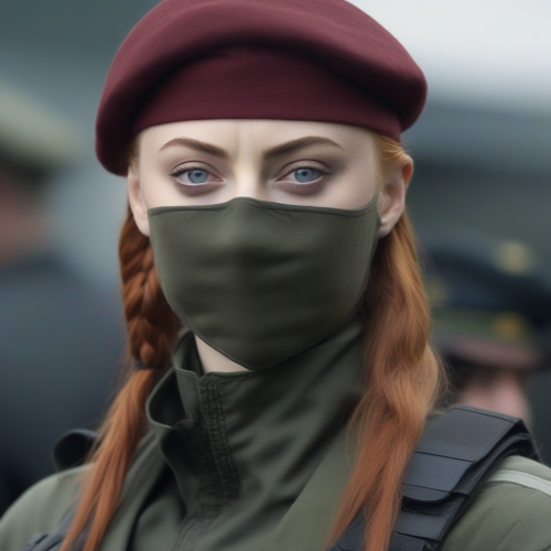 sophie turner as meryl silverburgh from metal gear solid in disguise as a soldier with balaclava 915