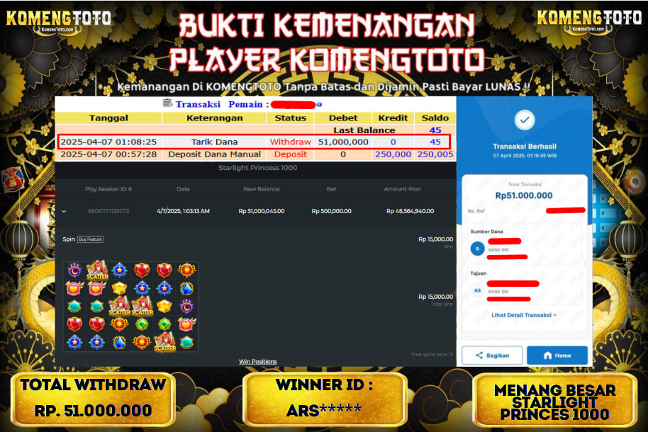 LAGI & LAGI!! KEMENANGAN BESAR DI SLOT STARLIGHT PRINCES 1000 SEBESAR Rp.51.000.000 KOMENGTOTO BAYAR LUNAS SECEPAT KILAT !! KOMENGTOTO BAYAR SECEPAT KILAT !!