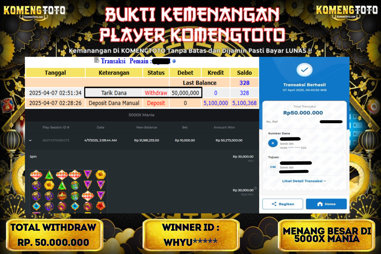 LAGI & LAGI!! KEMENANGAN BESAR DI SLOT  5000 X MANIA  SEBESAR Rp.50.000.000 KOMENGTOTO BAYAR LUNAS SECEPAT KILAT !! KOMENGTOTO BAYAR SECEPAT KILAT !!