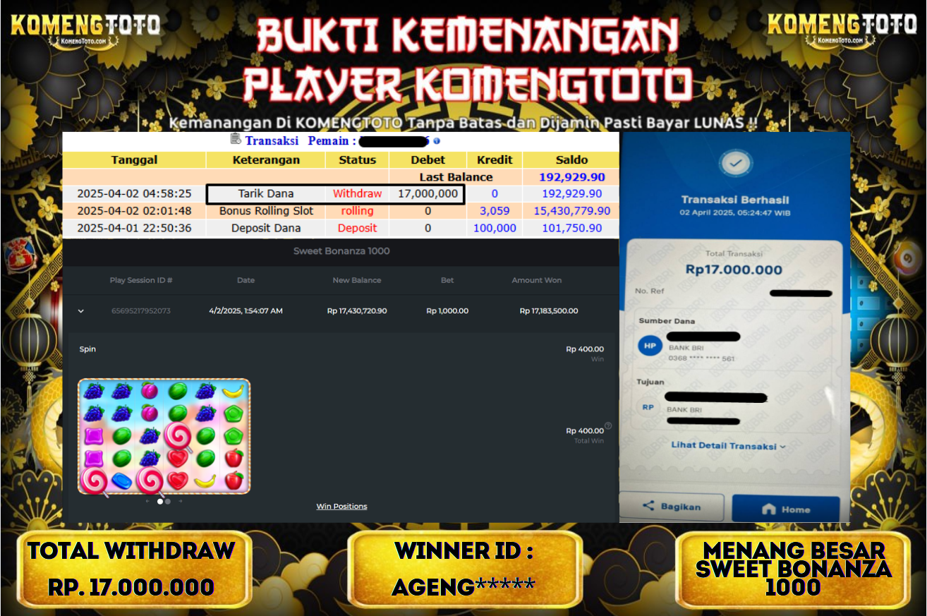 LAGI & LAGI!! KEMENANGAN BESAR DI SLOT  SWEET BONANZA 1000   SEBESAR Rp.17.000.000 KOMENGTOTO BAYAR LUNAS SECEPAT KILAT !! KOMENGTOTO BAYAR SECEPAT KILAT !!