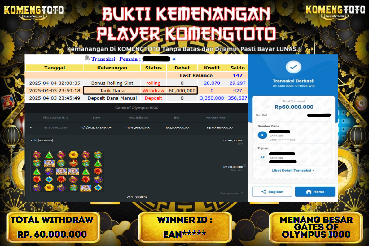 LAGI & LAGI!! KEMENANGAN BESAR DI SLOT  GATES OF OLYMPUS 1000  SEBESAR Rp.60.000.000 KOMENGTOTO BAYAR LUNAS SECEPAT KILAT !! KOMENGTOTO BAYAR SECEPAT KILAT !!