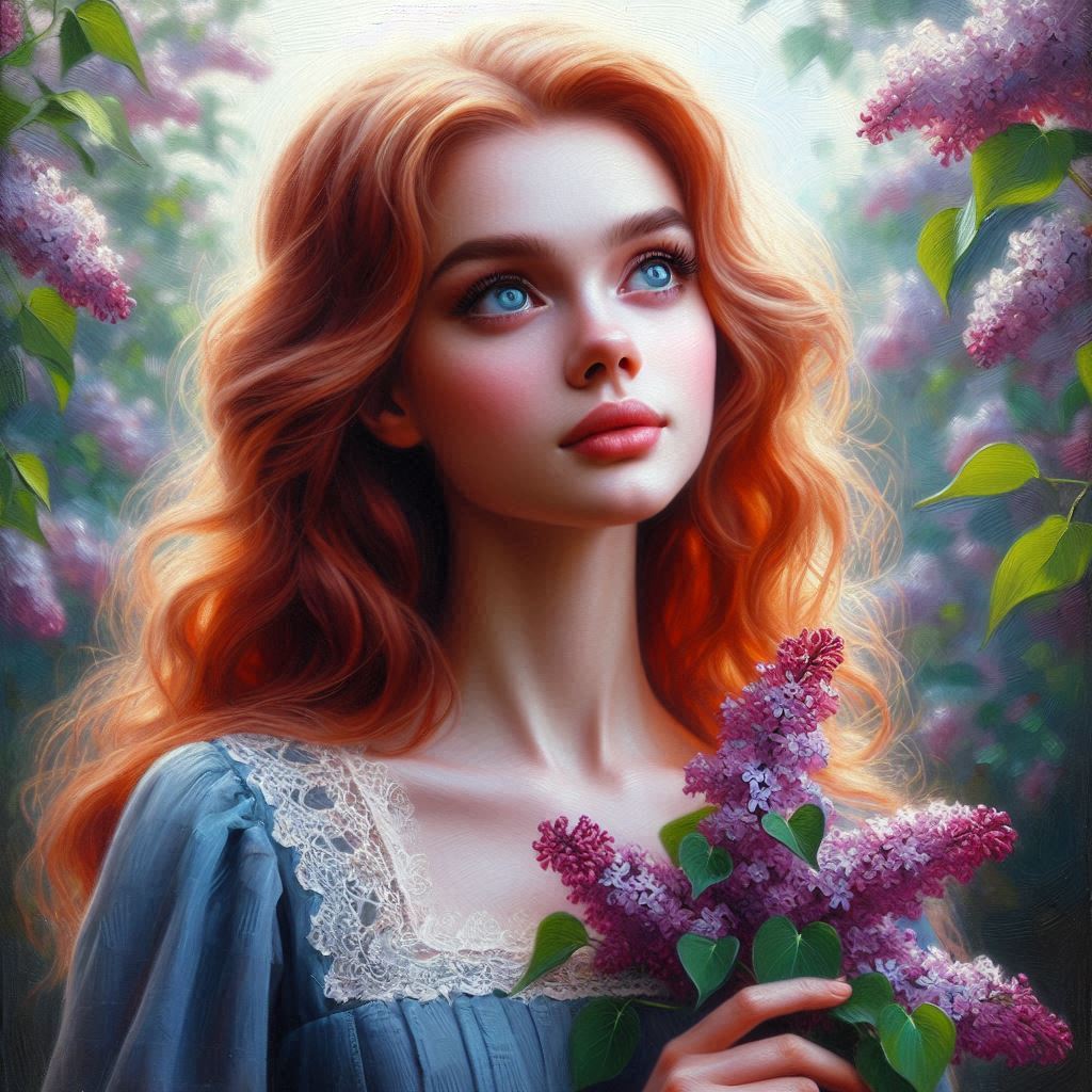 Oil painting, digital art, young Russian woman with red hair, blue eyes and delicate makeup. She is