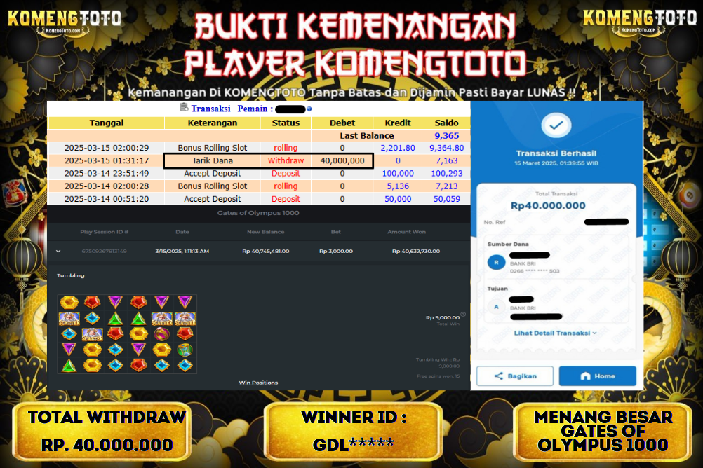 LAGI & LAGI!! KEMENANGAN BESAR DI SLOT  GATES OF OLYMPUS 1000  SEBESAR Rp.40.000.000 KOMENGTOTO BAYAR LUNAS SECEPAT KILAT !! KOMENGTOTO BAYAR SECEPAT KILAT !!