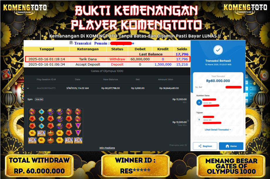 LAGI & LAGI!! KEMENANGAN BESAR DI SLOT  GATES OF OLYMPUS 1000  SEBESAR Rp.60.000.000 KOMENGTOTO BAYAR LUNAS SECEPAT KILAT !! KOMENGTOTO BAYAR SECEPAT KILAT !!