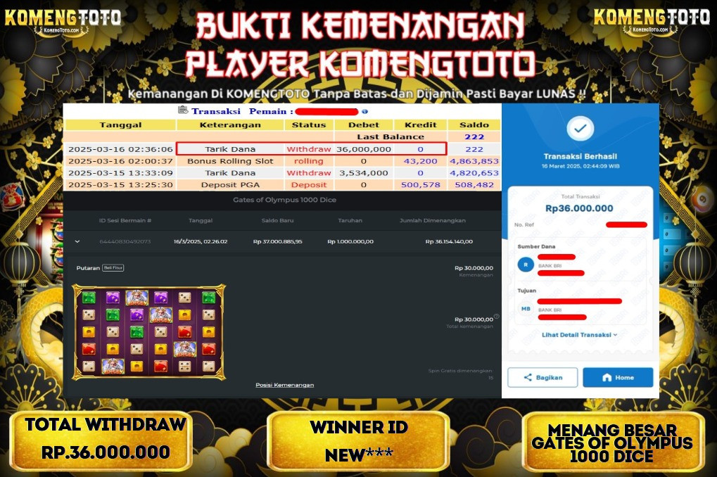 LAGI & LAGI!! KEMENANGAN BESAR DI SLOT  GATES OF OLYMPUS 1000  DICE SEBESAR Rp.36.000.000  KOMENGTOTO BAYAR LUNAS SECEPAT KILAT !! KOMENGTOTO BAYAR SECEPAT KILAT !!
