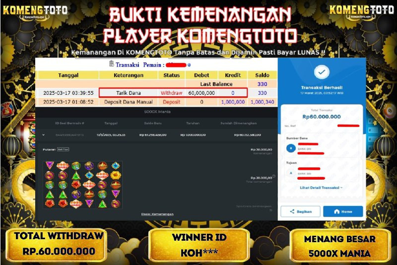 LAGI & LAGI!! KEMENANGAN BESAR DI SLOT  5000X MANIA SEBESAR Rp.60.000.000 KOMENGTOTO BAYAR LUNAS SECEPAT KILAT !! KOMENGTOTO BAYAR SECEPAT KILAT !!