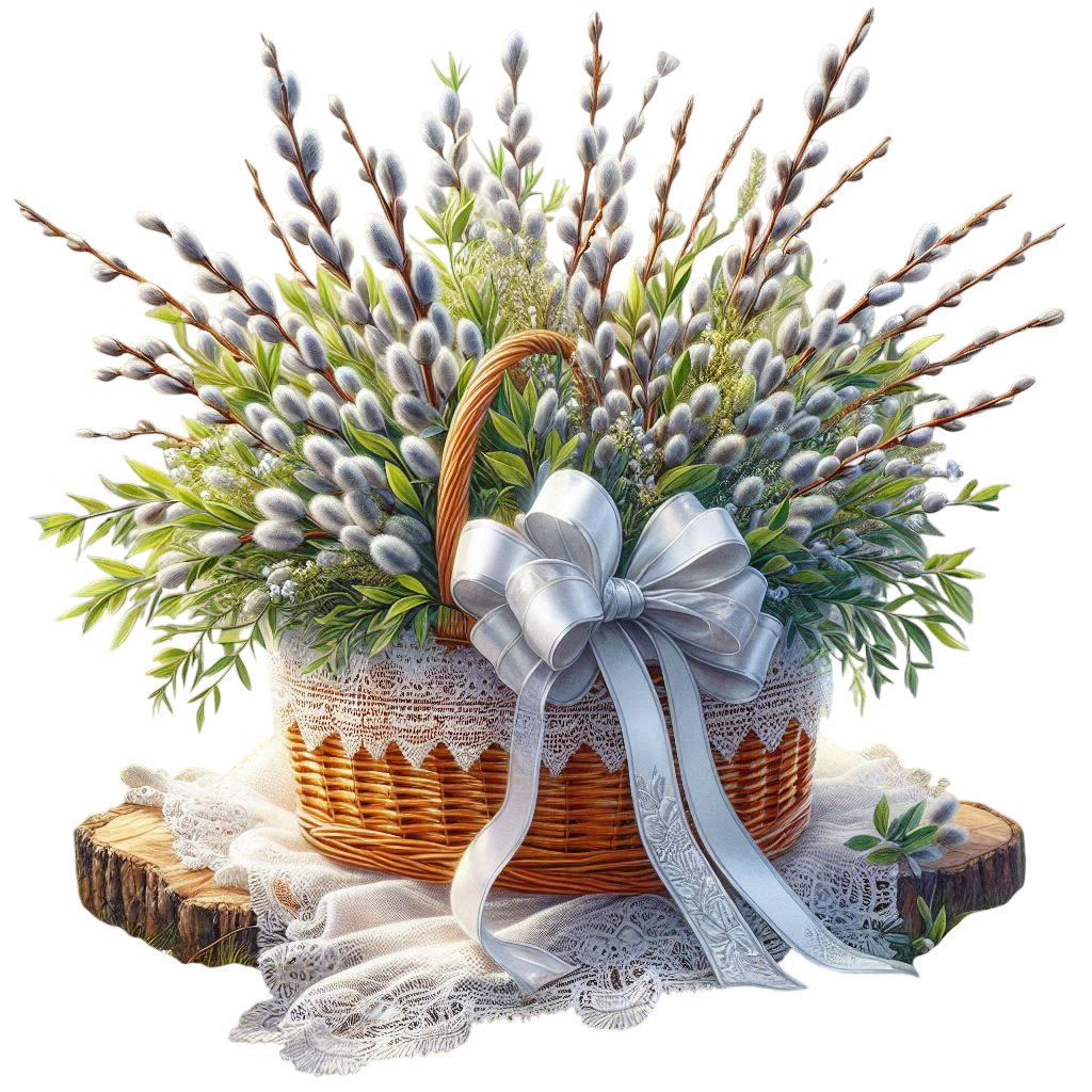 A basket with a bouquet of willow branches and vines decorated with a white and silver ribbon with l