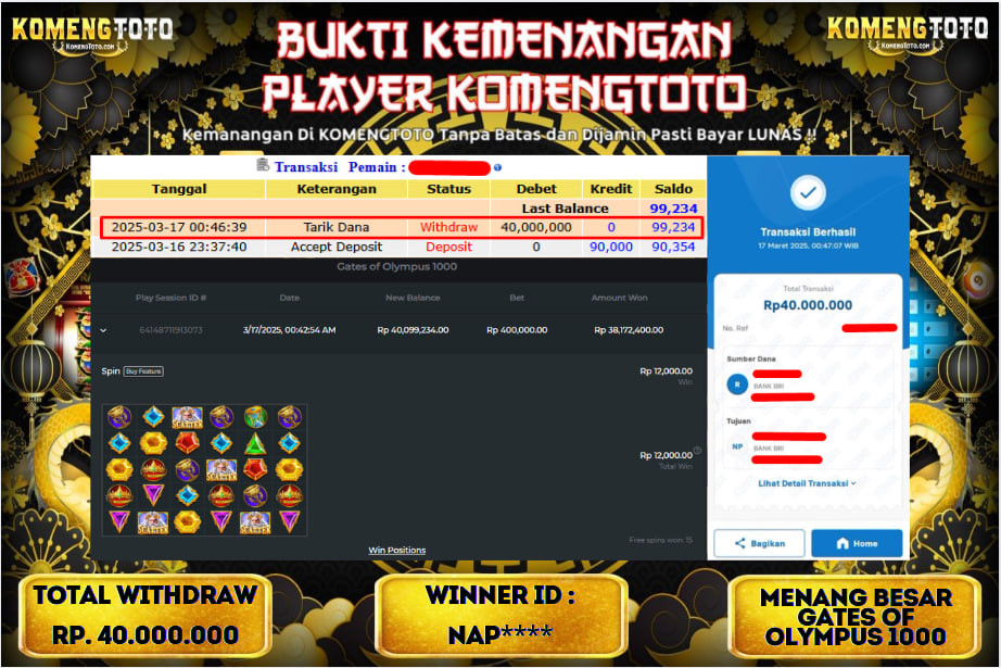 LAGI & LAGI!! KEMENANGAN BESAR DI SLOT  GATES OF OLYMPUS 1000  SEBESAR Rp.40.000.000 KOMENGTOTO BAYAR LUNAS SECEPAT KILAT !! KOMENGTOTO BAYAR SECEPAT KILAT !!