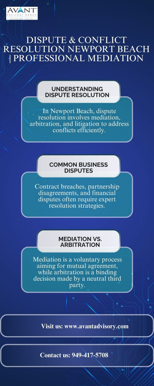 Navigating Dispute And Resolution Newport Beach can be complex, but with expert guidance, you can achieve fair outcomes. Trust the professionals at Avant Advisory to handle legal and financial disputes efficiently, ensuring a smooth resolution process tailored to your needs. Get expert dispute resolution services today.

Visit us: https://avantadvisory.com/financial-forensics-fraud-corporate-investigations/