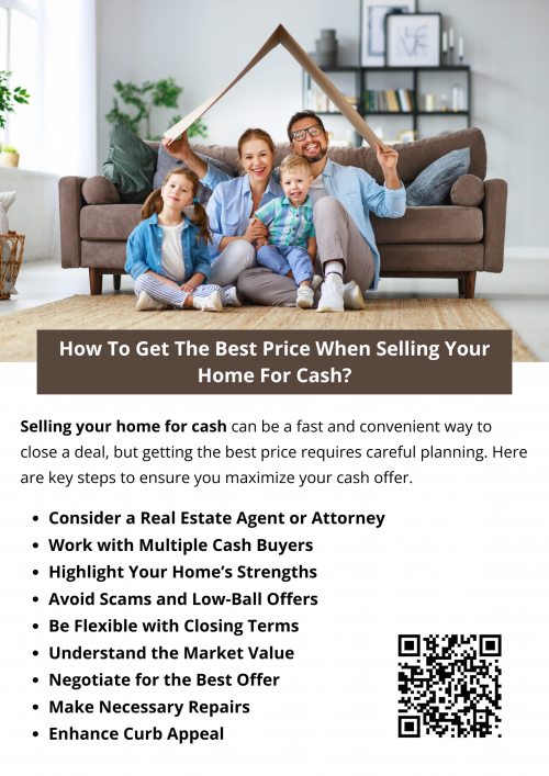 To get the best price when selling your home for cash, research local market trends, get multiple offers, and highlight your property’s best features. Improve curb appeal, make minor repairs, and negotiate strategically. Work with reputable cash buyers and avoid lowball offers. A professional appraisal can help you set a fair price and maximize your profit. To know more visit here https://www.904homebuyer.com/sell