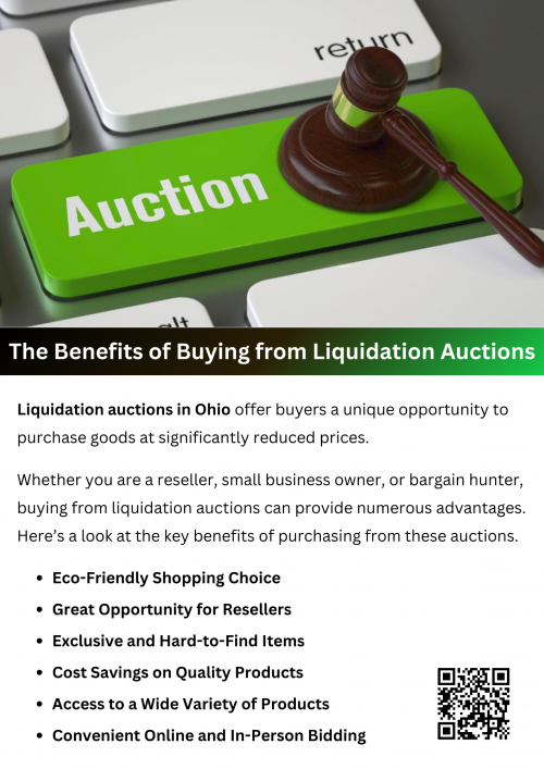 Liquidation auctions in Ohio offer a cost-effective and convenient way to purchase quality merchandise at discounted prices. Whether you’re looking to save money, start a resale business, or find unique products, liquidation auctions provide numerous benefits. By taking advantage of these opportunities, buyers can access high-value items while enjoying significant savings. To know more visit here https://www.wyethauctions.com/