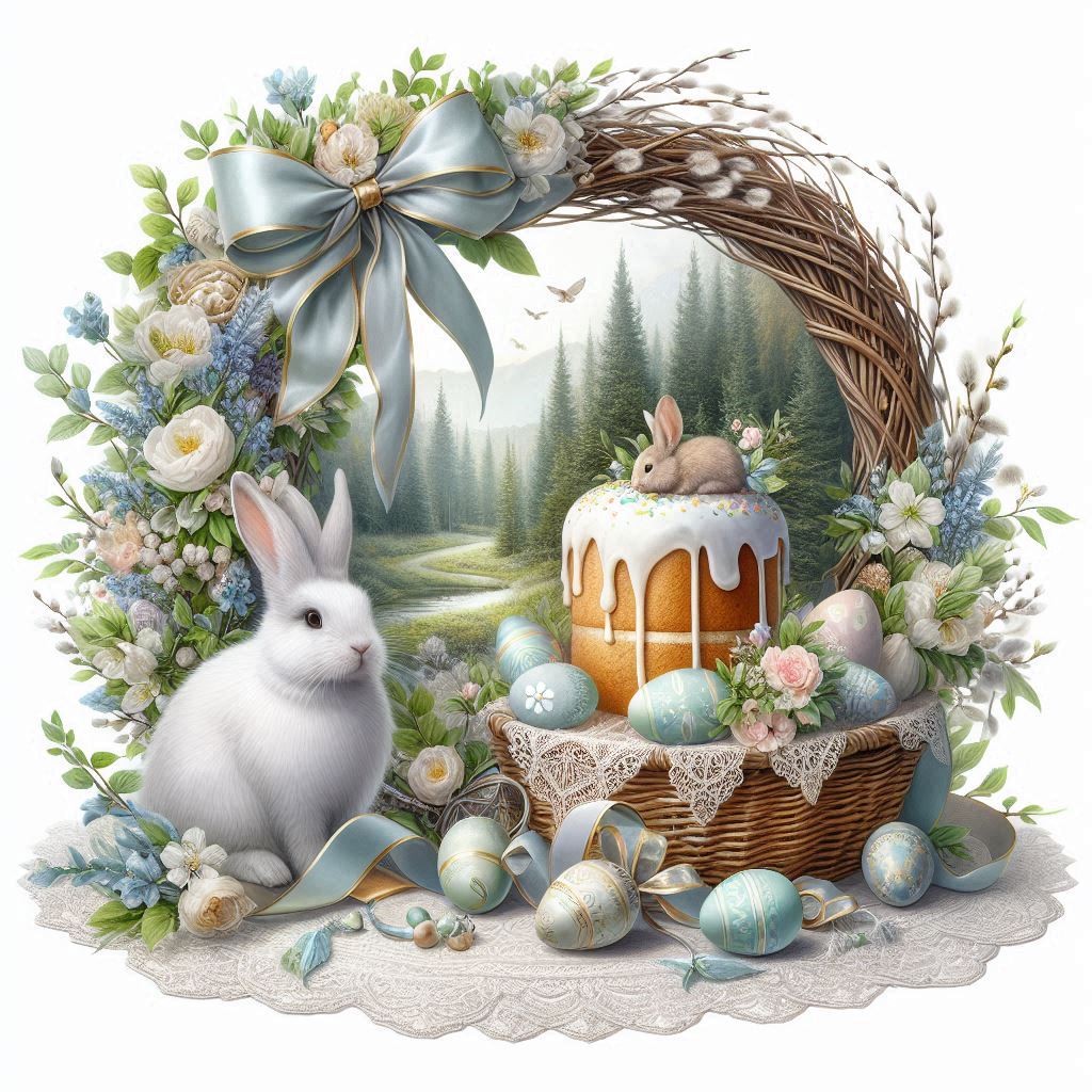 A beautiful postcard decorated with a white gold and pale blue ribbon with lace edges, a lace napkin