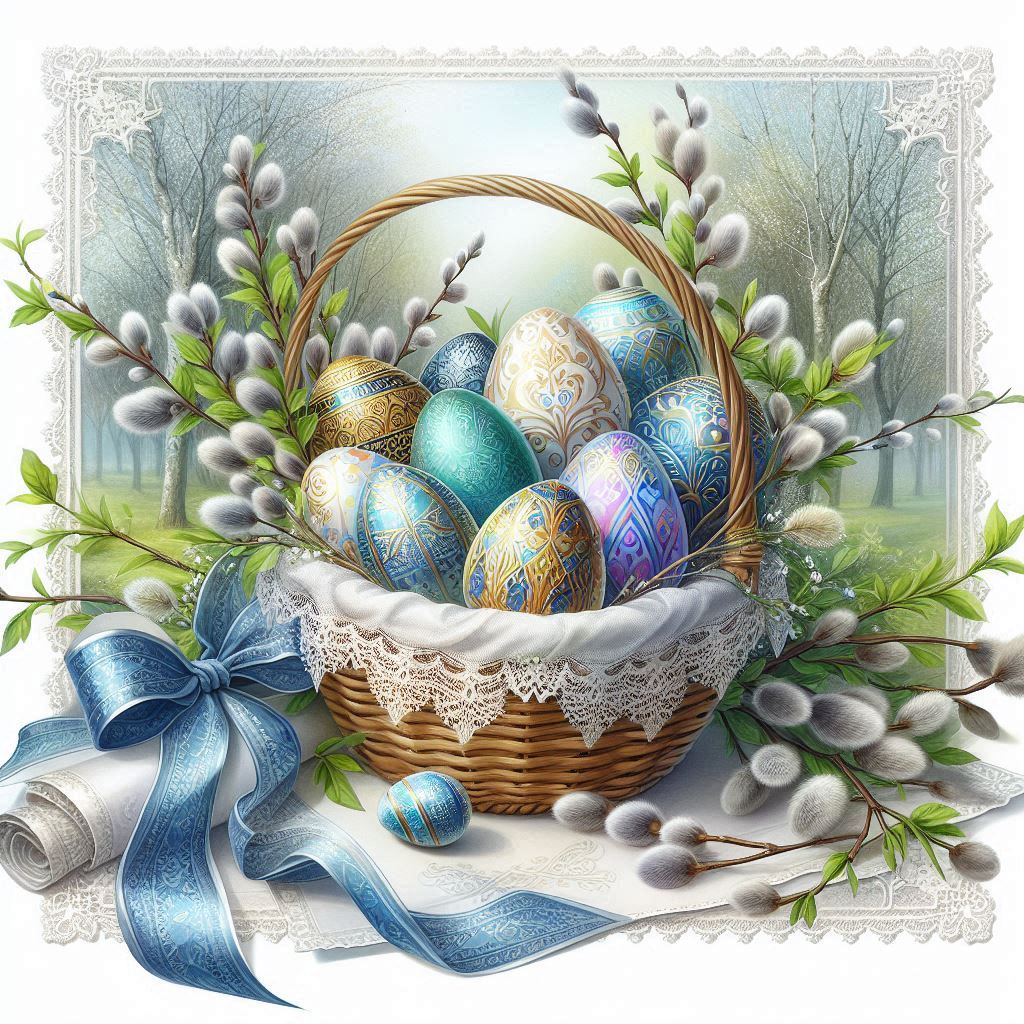 A beautiful postcard featuring a delicate blue and white ribbon with lace edges and a lace napkin. I