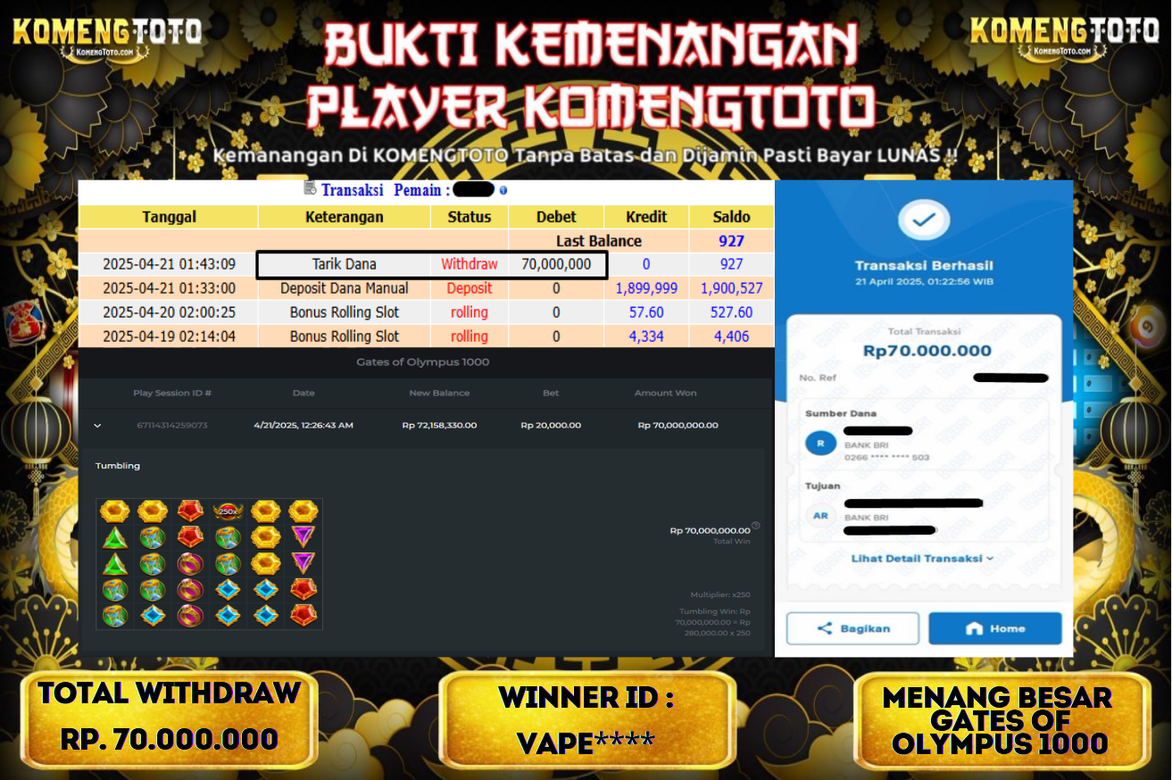 LAGI & LAGI!! KEMENANGAN BESAR DI SLOT  GATES OF OLYMPUS 1000  SEBESAR Rp.70.000.000 KOMENGTOTO BAYAR LUNAS SECEPAT KILAT !! KOMENGTOTO BAYAR SECEPAT KILAT !!