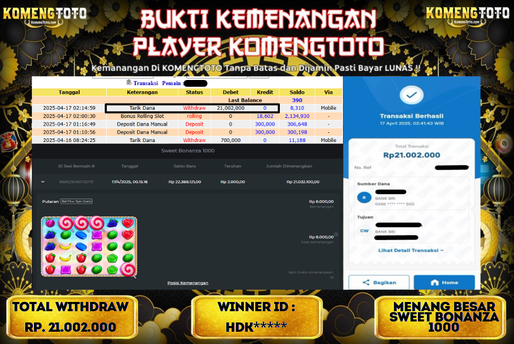 LAGI & LAGI!! KEMENANGAN BESAR DI SLOT Sweet Bonanza 1000  SEBESAR Rp.21.002.000 KOMENGTOTO BAYAR LUNAS SECEPAT KILAT !! KOMENGTOTO BAYAR SECEPAT KILAT !!