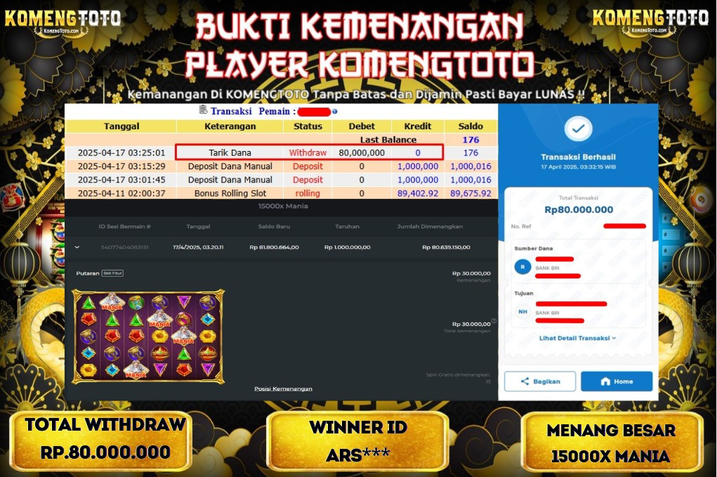 LAGI & LAGI!! KEMENANGAN BESAR DI SLOT 15000X MANIA SEBESAR Rp.80.000.000 KOMENGTOTO BAYAR LUNAS SECEPAT KILAT !! KOMENGTOTO BAYAR SECEPAT KILAT !!
