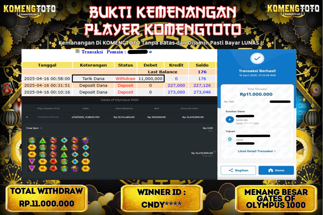 LAGI & LAGI!! KEMENANGAN BESAR DI SLOT  GATES OF OLYMPUS 1000  SEBESAR Rp.11.000.000 KOMENGTOTO BAYAR LUNAS SECEPAT KILAT !! KOMENGTOTO BAYAR SECEPAT KILAT !!