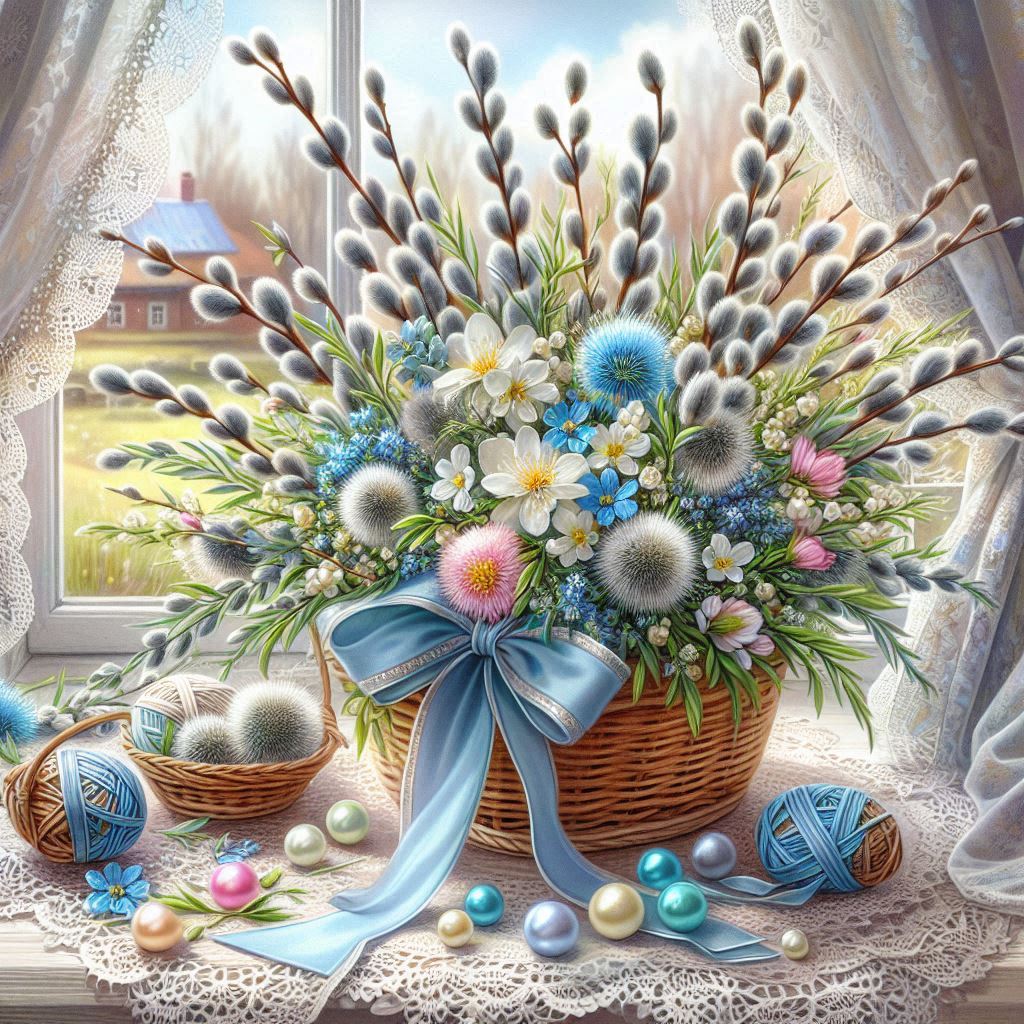 A beautiful postcard decorated with a delicate white and blue ribbon with lace edges, a lace napkin,