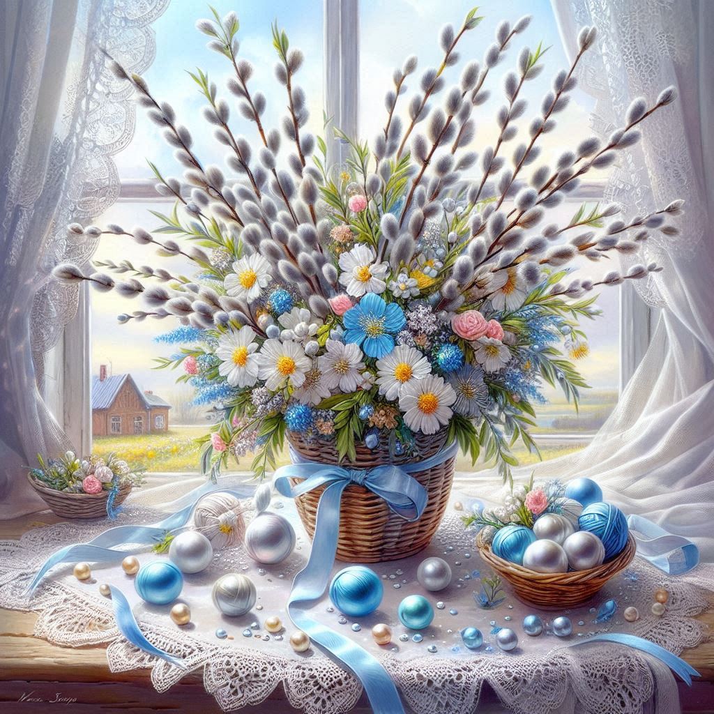 A beautiful postcard decorated with a delicate white and blue ribbon with lace edges, a lace napkin,