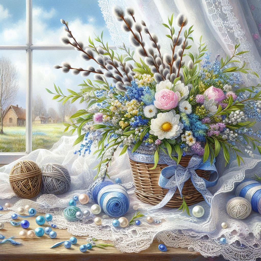 A beautiful postcard decorated with a delicate white and blue ribbon with lace edges, a lace napkin,