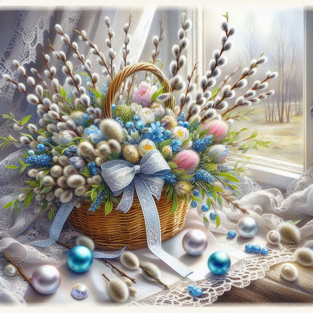 A beautiful postcard decorated with a delicate white and blue ribbon with lace edges, a lace napkin,