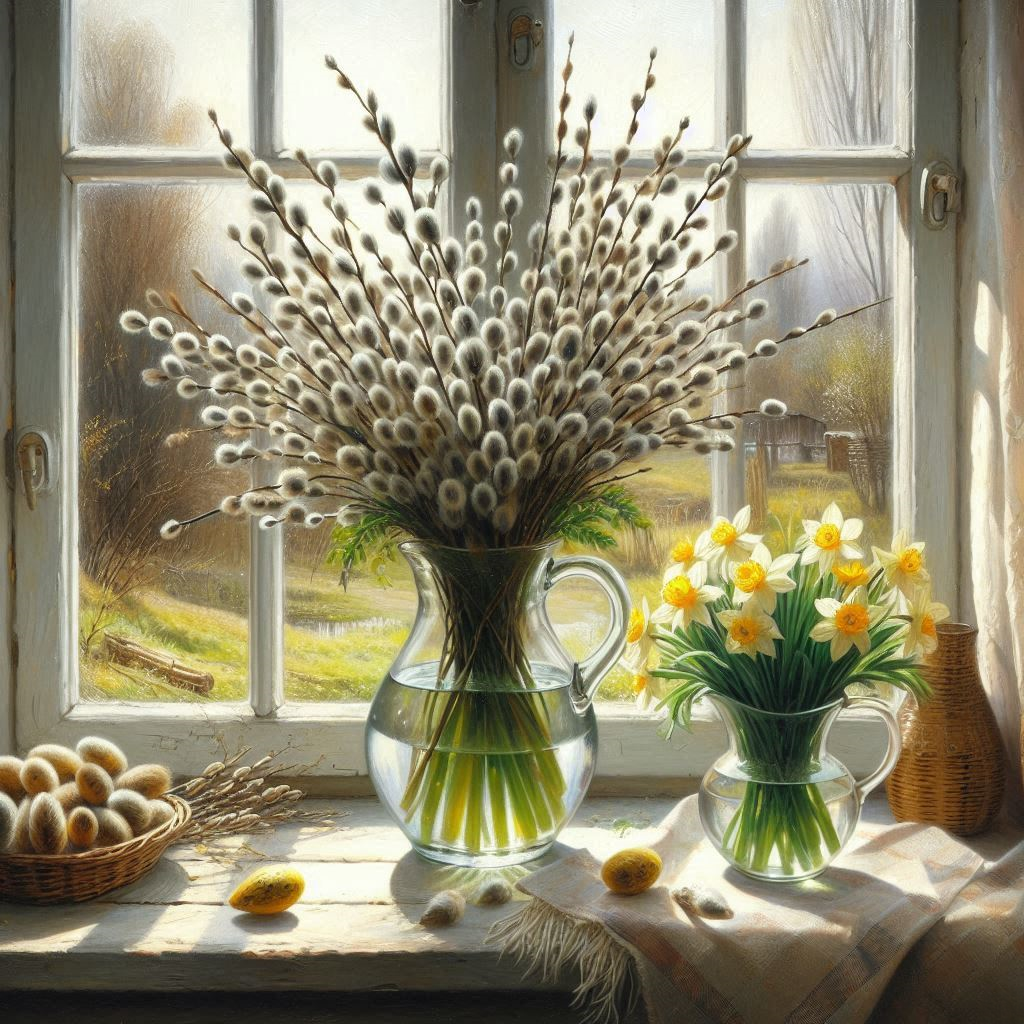 Oil painting, two glass jugs standing on the windowsill. In a large jug there are willow branches wi