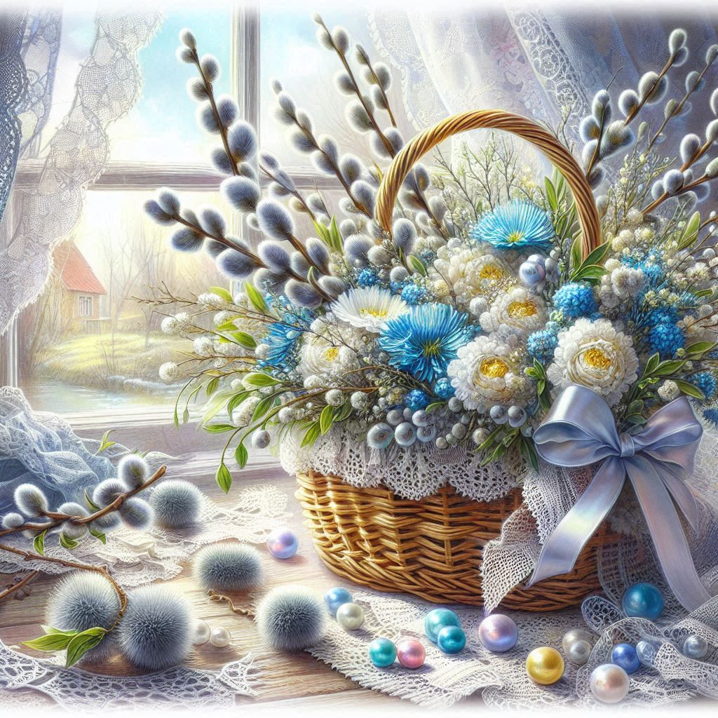 A beautiful postcard decorated with a delicate white and blue ribbon with lace edges, a lace napkin,
