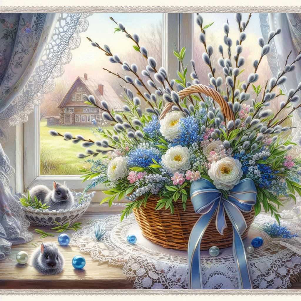 A beautiful postcard decorated with a delicate white and blue ribbon with lace edges, a lace napkin,