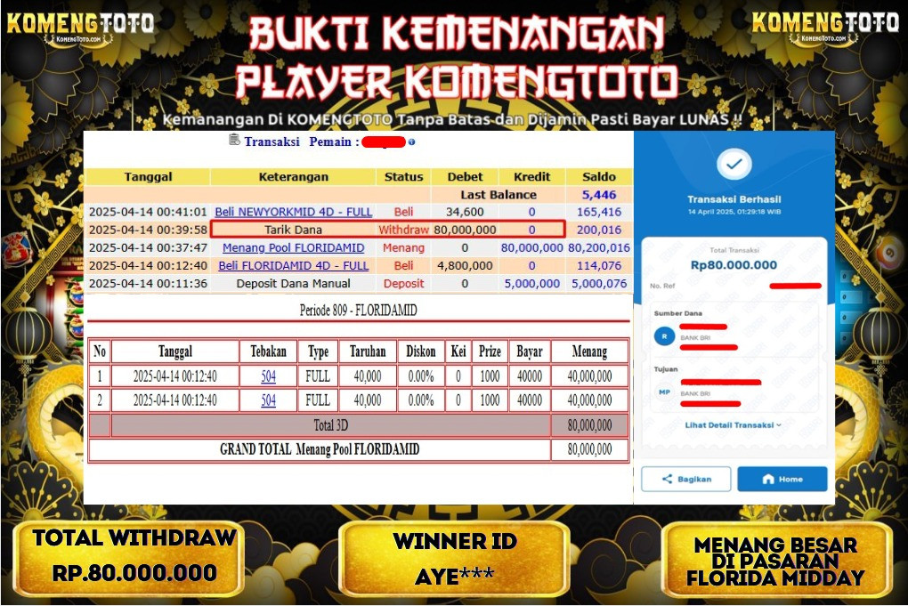 LAGI & LAGI!! KEMENANGAN BESAR DI PASARAN FLORIDA MIDDAY SEBESAR Rp.80.000.000 KOMENGTOTO BAYAR LUNAS SECEPAT KILAT !! KOMENGTOTO BAYAR SECEPAT KILAT !!