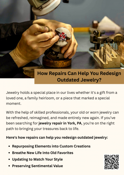 Jewelry repairs can be a great way to breathe new life into outdated pieces. By altering settings, resizing, or adding new elements, you can transform old jewelry into something fresh and unique. If you're looking to update your collection, consider seeking jewelry repair in York, PA to find skilled professionals who can help reimagine and refurbish your treasured items. To know more visit here https://www.futerbrosjewelers.com/services/jewelry-repairs