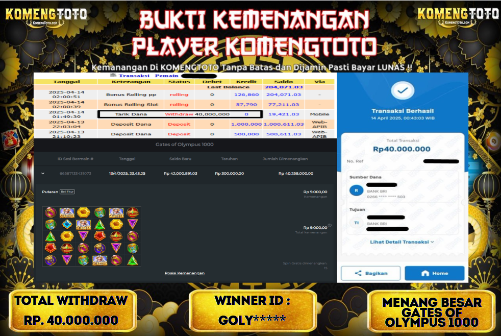 LAGI & LAGI!! KEMENANGAN BESAR DI SLOT Gates of Olympus 1000  SEBESAR Rp.40.000.000 KOMENGTOTO BAYAR LUNAS SECEPAT KILAT !! KOMENGTOTO BAYAR SECEPAT KILAT !!