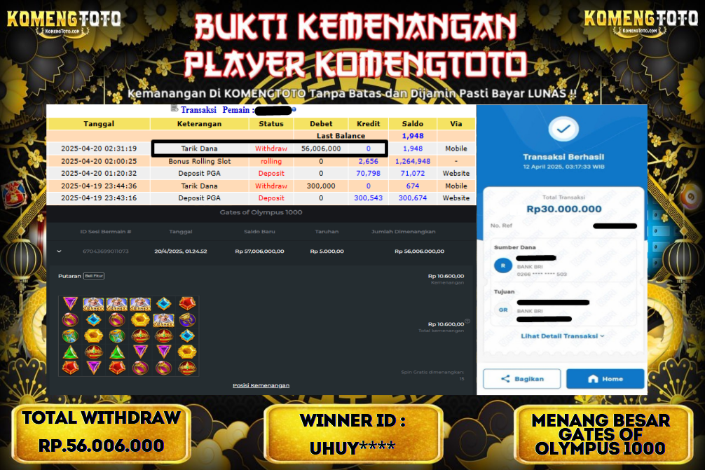 LAGI & LAGI!! KEMENANGAN BESAR DI SLOT GATES OF OLYMPUS 1000 SEBESAR Rp.56.006.000 KOMENGTOTO BAYAR LUNAS SECEPAT KILAT !! KOMENGTOTO BAYAR SECEPAT KILAT !!