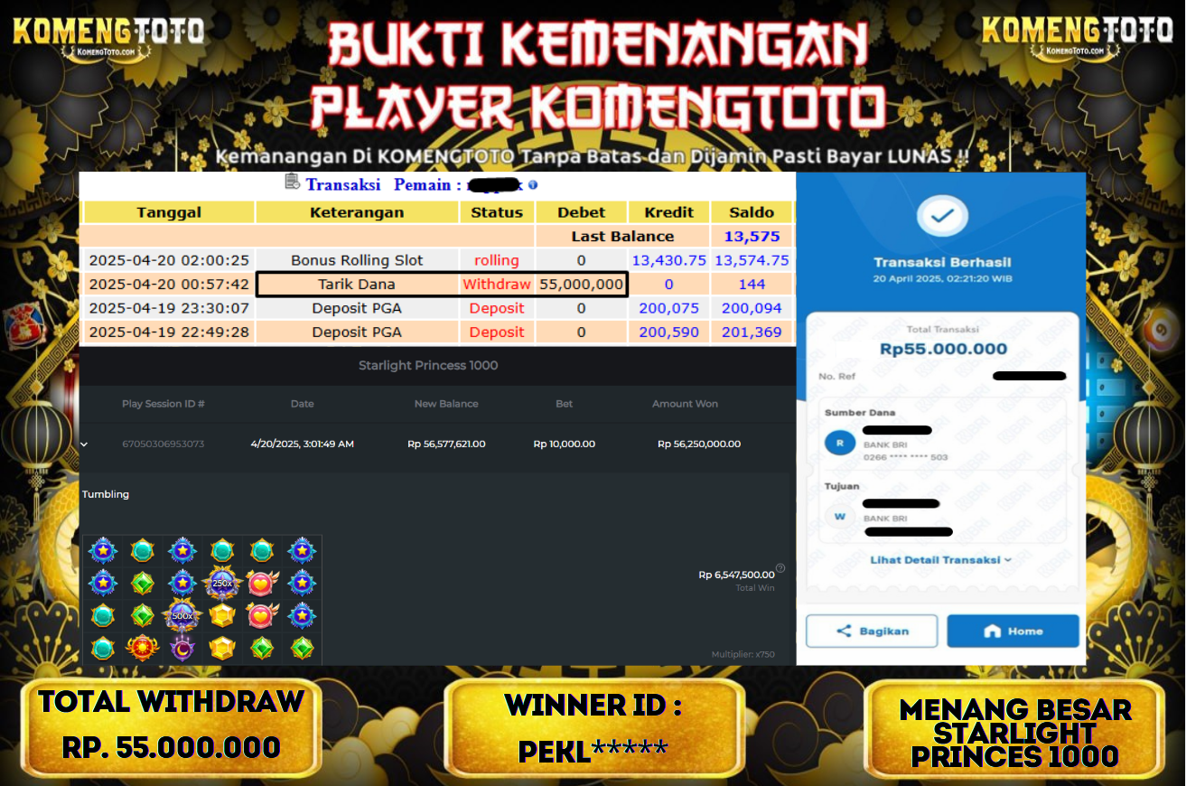 LAGI & LAGI!! KEMENANGAN BESAR DI SLOT  STARLIGHT PRINCES 1000 SEBESAR Rp.55.000.000 KOMENGTOTO BAYAR LUNAS SECEPAT KILAT !! KOMENGTOTO BAYAR SECEPAT KILAT !!