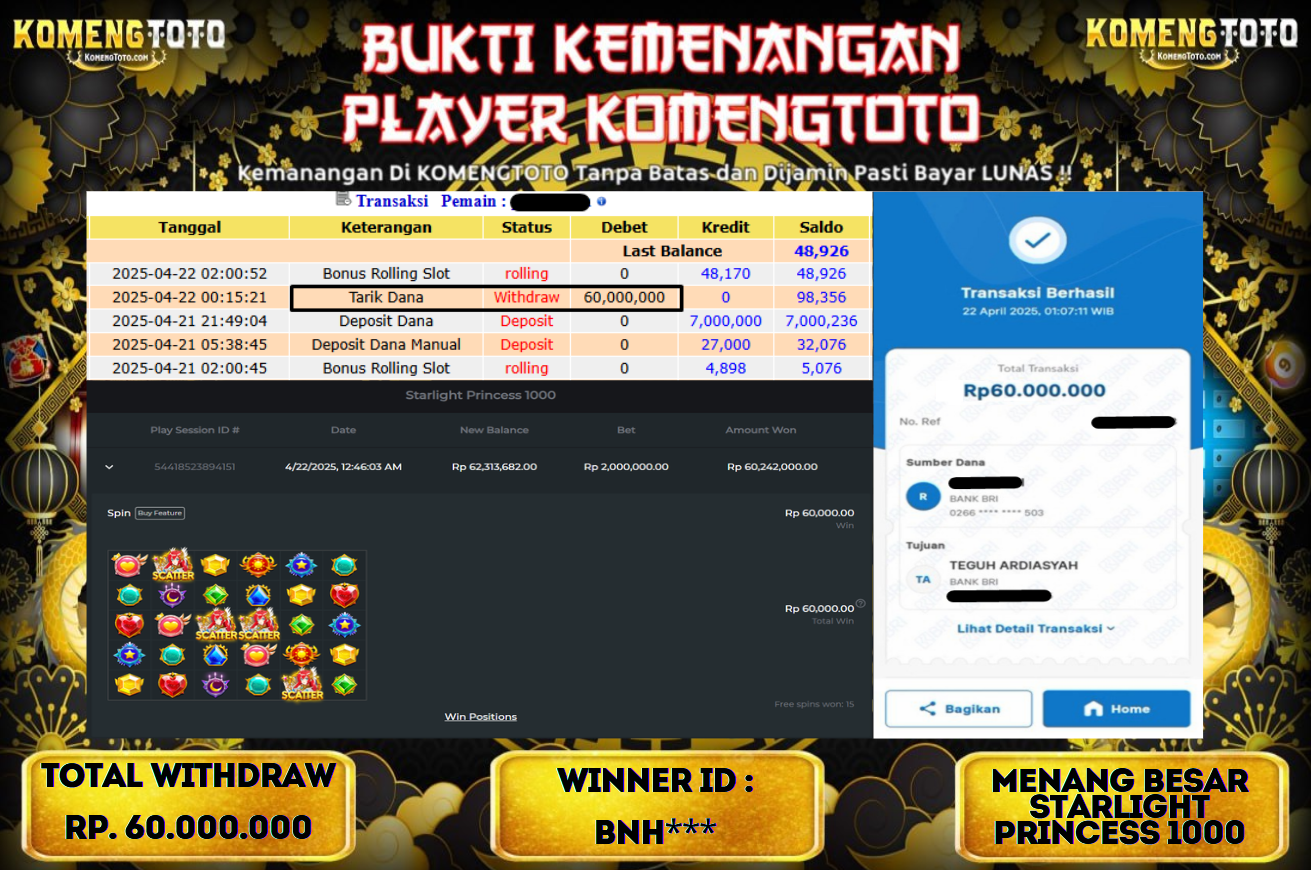 LAGI & LAGI!! KEMENANGAN BESAR DI SLOT  STARLIGHT PRINCES 1000 SEBESAR Rp.60.000.000 KOMENGTOTO BAYAR LUNAS SECEPAT KILAT !! KOMENGTOTO BAYAR SECEPAT KILAT !!