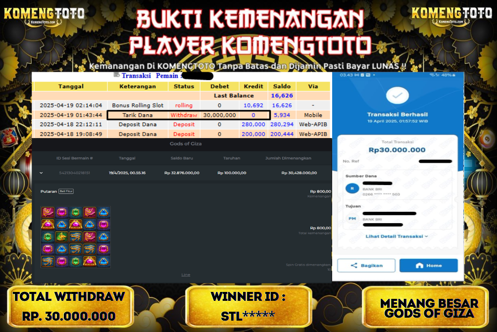 LAGI & LAGI!! KEMENANGAN BESAR DI SLOT Gods of Giza  SEBESAR Rp.30.000.000 KOMENGTOTO BAYAR LUNAS SECEPAT KILAT !! KOMENGTOTO BAYAR SECEPAT KILAT !!