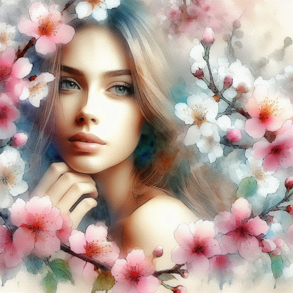 In the style of Konstantin Razumov, Her gaze, pure as morning dew, blooms among cherry blossoms; she