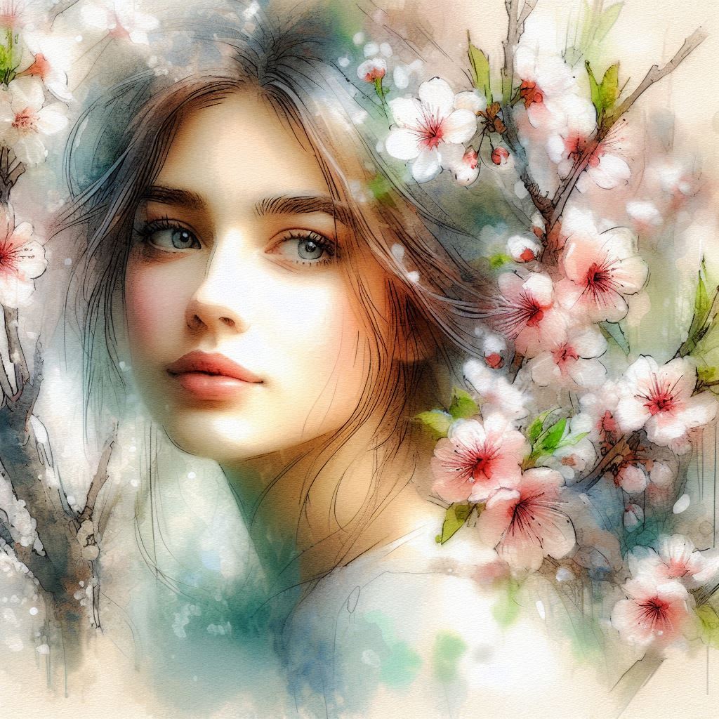 In the style of Konstantin Razumov, Her gaze, pure as morning dew, blooms among cherry blossoms; she