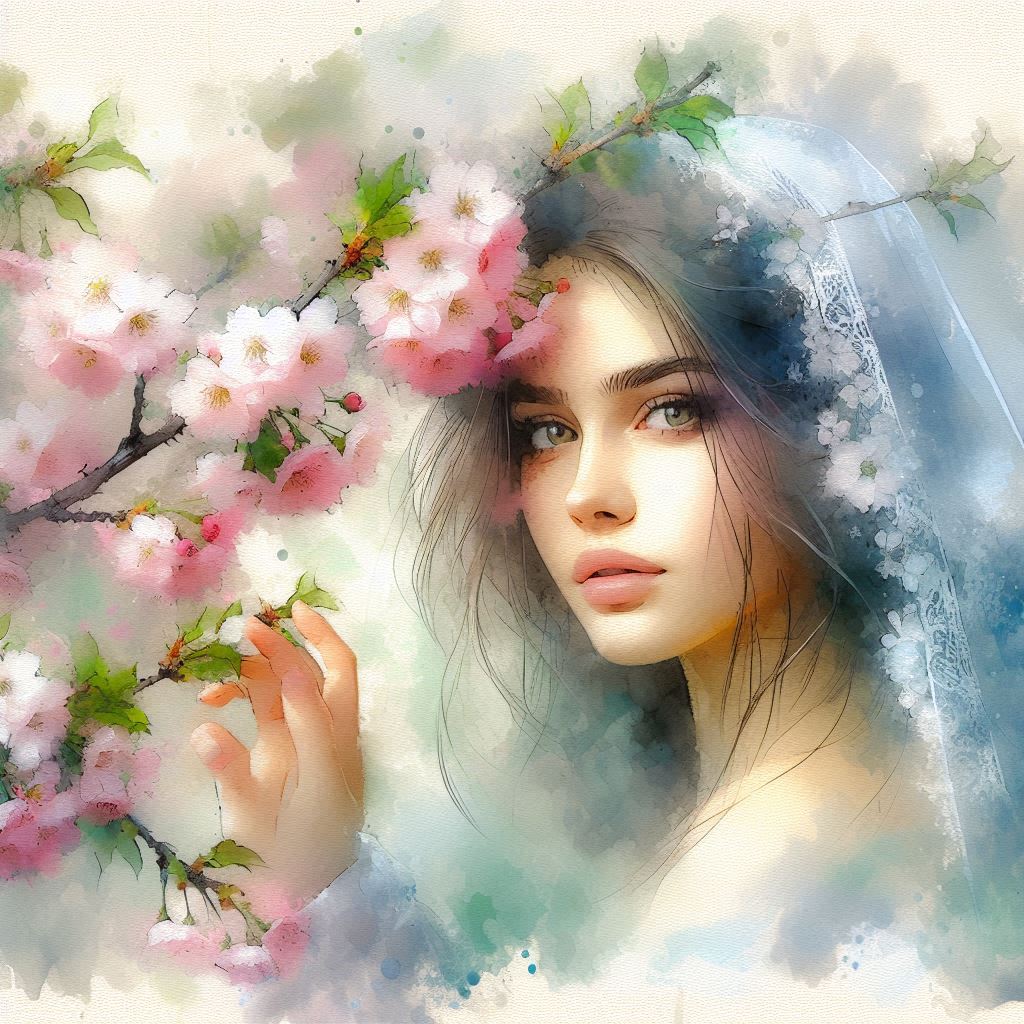 In the style of Konstantin Razumov, Her gaze, pure as morning dew, blooms among cherry blossoms; she