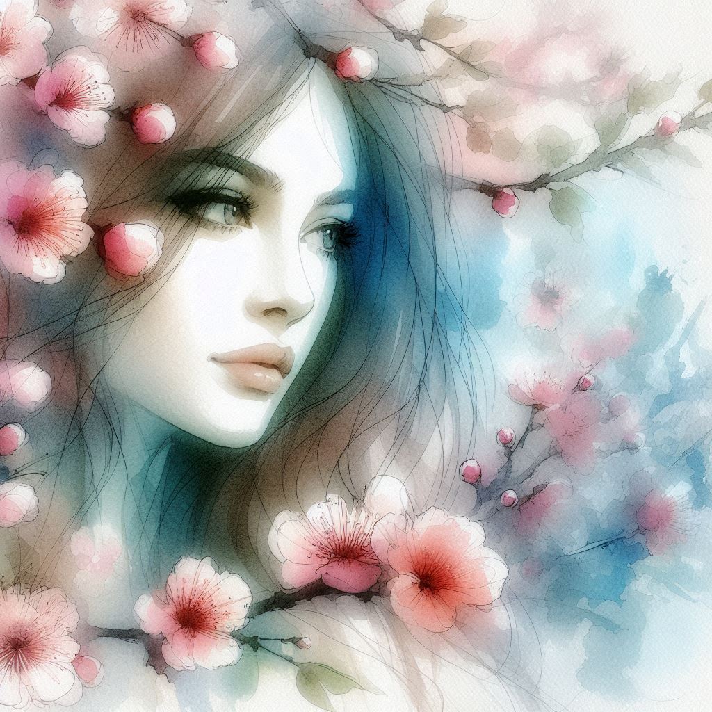 In the style of Konstantin Razumov, Her gaze, pure as morning dew, blooms among cherry blossoms; she