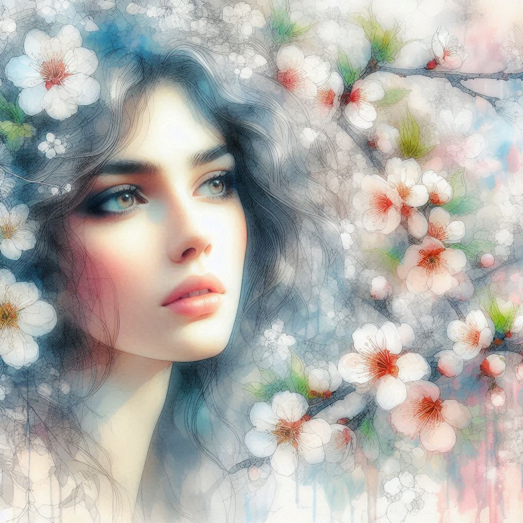 In the style of Konstantin Razumov, Her gaze, pure as morning dew, blooms among cherry blossoms; she