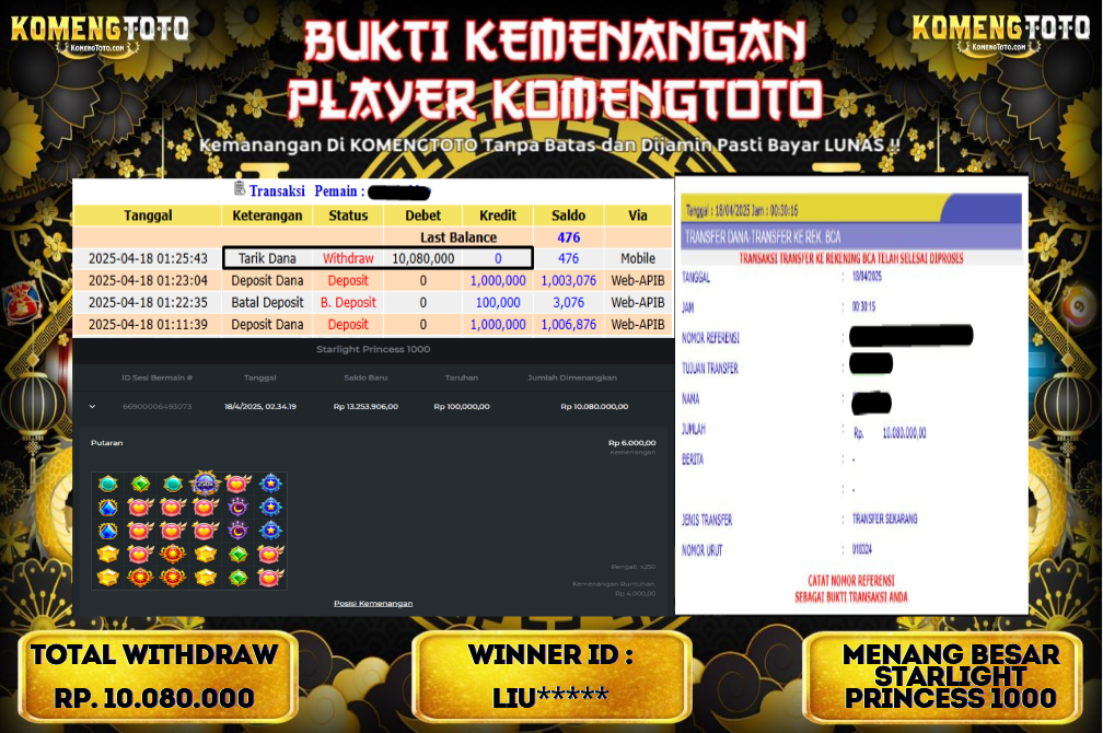 LAGI & LAGI!! KEMENANGAN BESAR DI SLOT STARLIGHT PRINCESS 1000  SEBESAR Rp.10.000.080 KOMENGTOTO BAYAR LUNAS SECEPAT KILAT !! KOMENGTOTO BAYAR SECEPAT KILAT !!