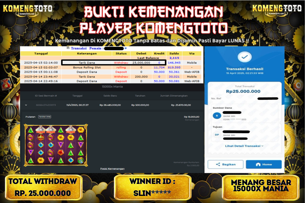 LAGI & LAGI!! KEMENANGAN BESAR DI SLOT15000x Mania  SEBESAR Rp.25.000.000 KOMENGTOTO BAYAR LUNAS SECEPAT KILAT !! KOMENGTOTO BAYAR SECEPAT KILAT !!