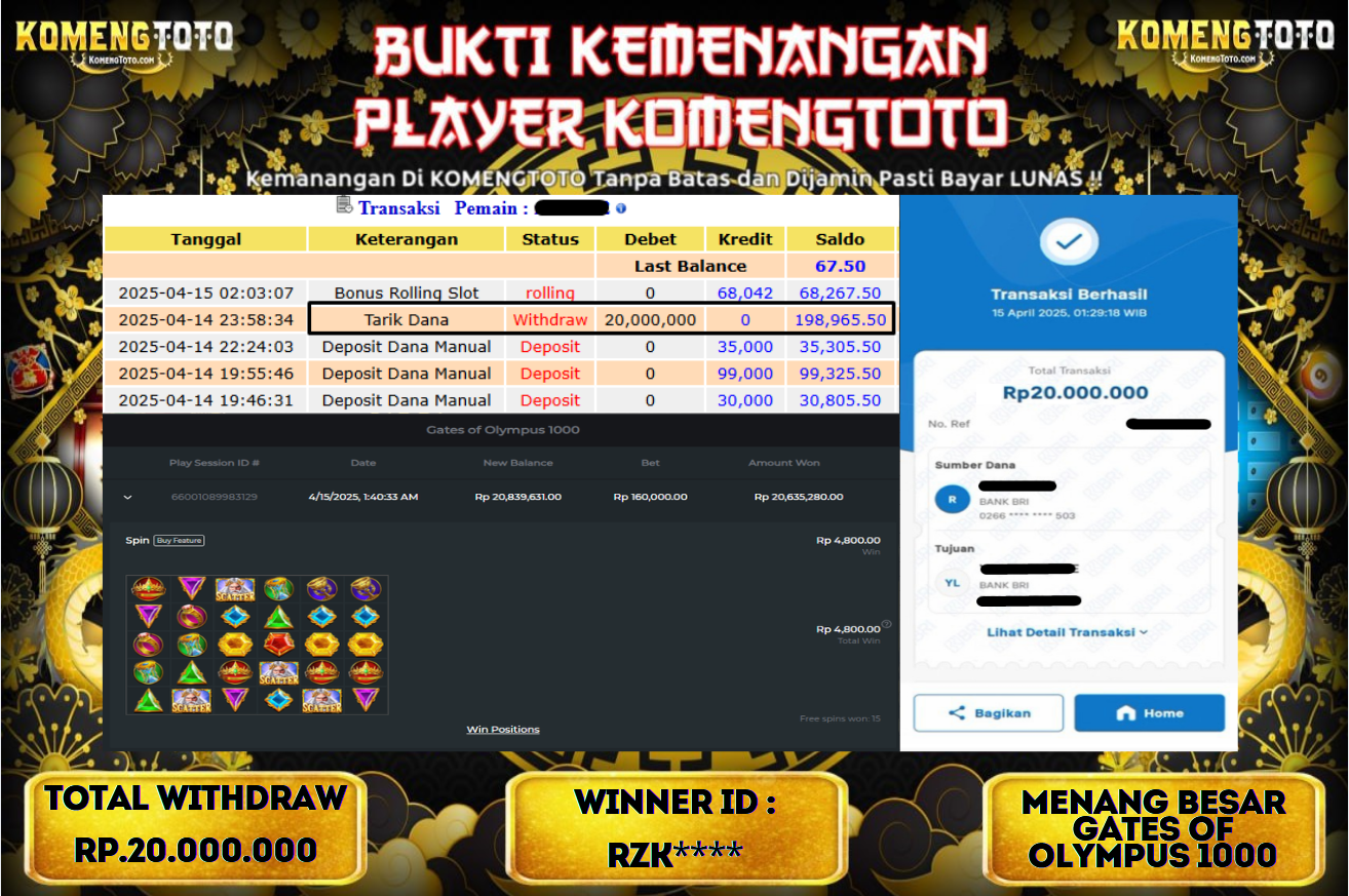 LAGI & LAGI!! KEMENANGAN BESAR DI SLOT  GATES OF OLYMPUS 1000  SEBESAR Rp.20.000.000 KOMENGTOTO BAYAR LUNAS SECEPAT KILAT !! KOMENGTOTO BAYAR SECEPAT KILAT !!